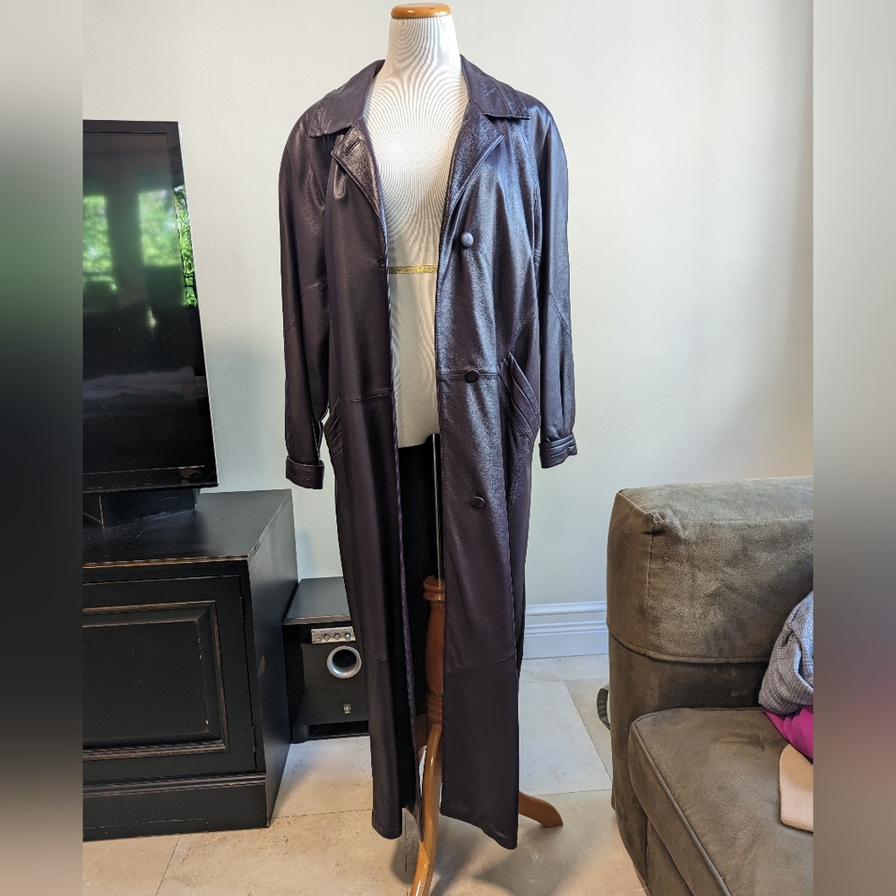Vintage deep purple leather trench coat
